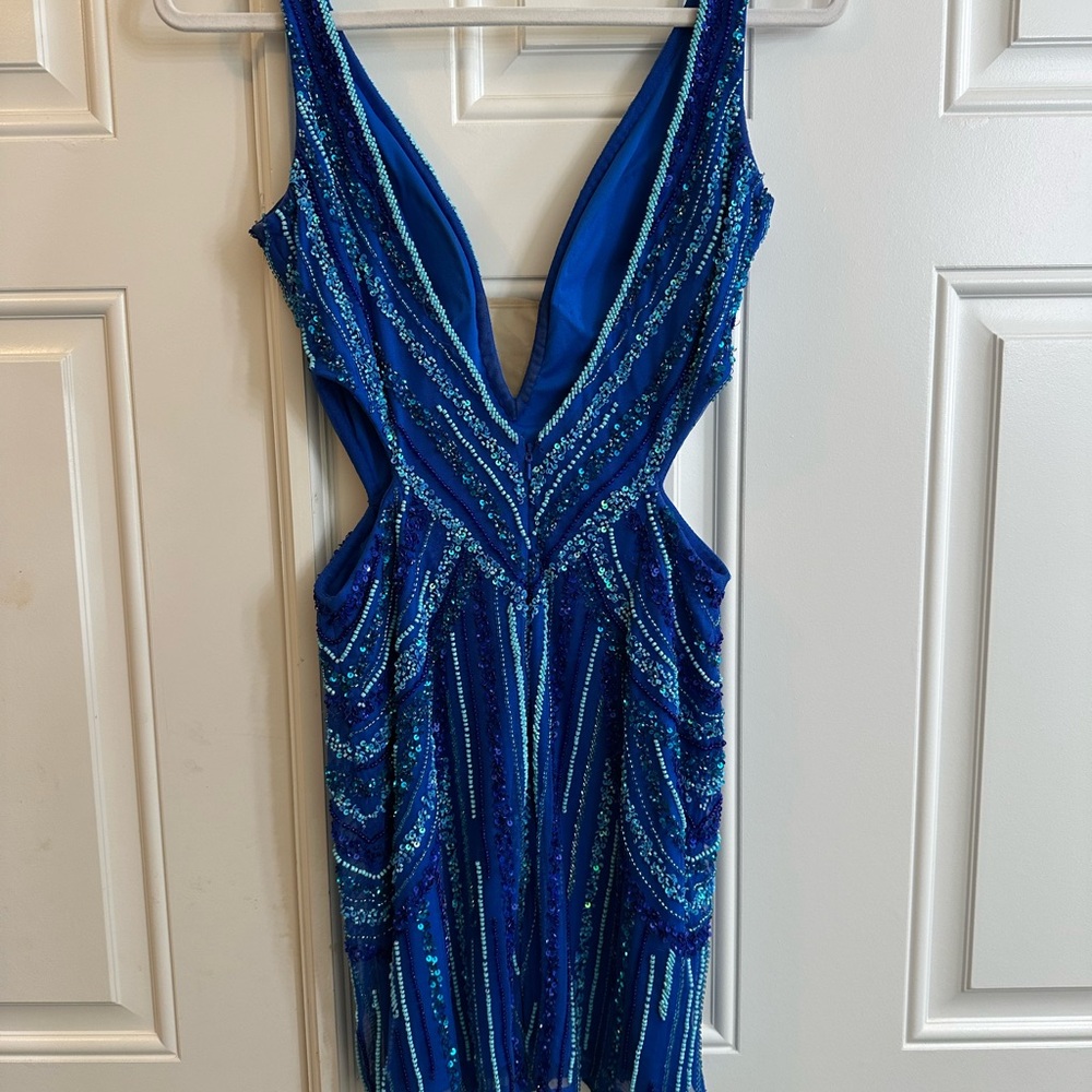 Alyce Paris Sapphire Blue Sequin Deep V Mini Dress